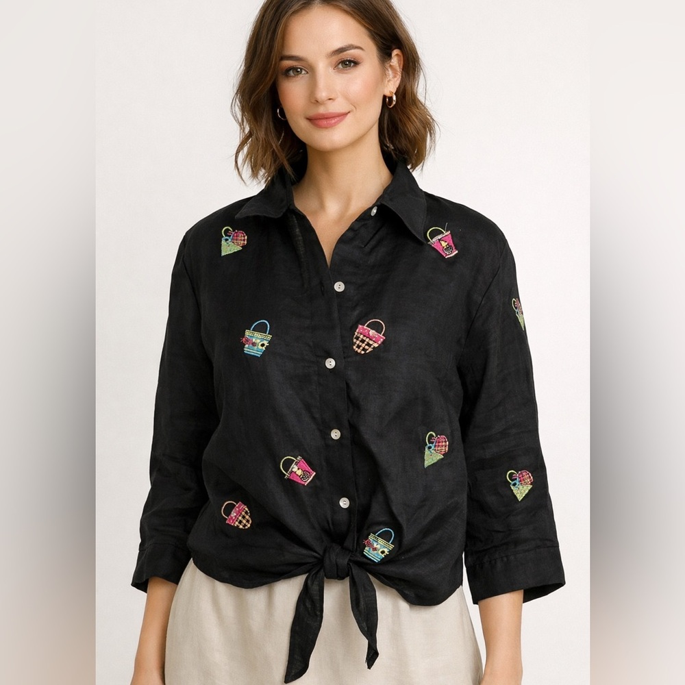 Richard Malcolm‎ Linen Embroidered Shirt Womens XL Black Tie Front Tropical